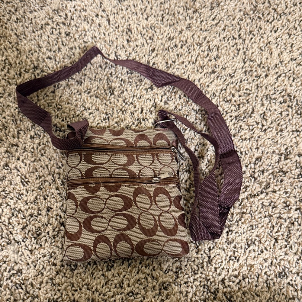 Vintage Designer Inspired Coach Brown Patterned Small Crossbody Bag